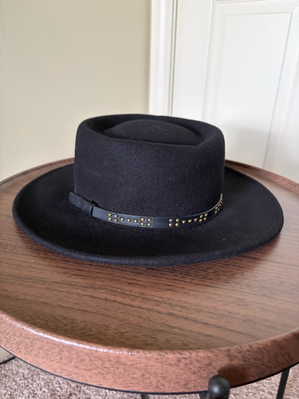 Black Wide-Brim Wool Felt Hat with Studded Leather Band